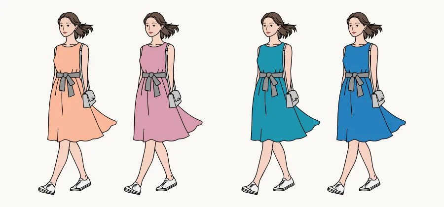 同じワンピースの絵を、黄み寄りと青み寄りの2色で塗って並べた例（ピンクの組と青の組）