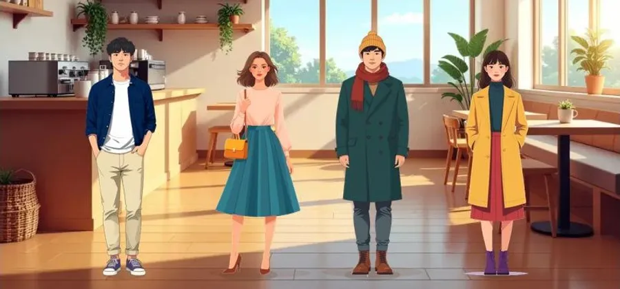 みんなのTPOの例: カフェの背景に、色を当てた男女4人のイラストを並べたもの