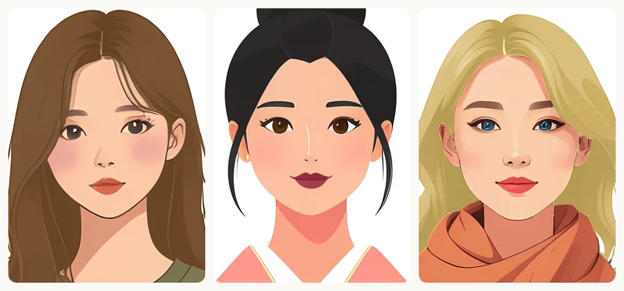 メイクアップ シミュレーターの例: 3人の顔のイラストを、それぞれ別のリップ・髪の色で塗ったもの