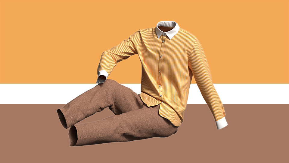 【メンズシャツコーデ】明るいオレンジ系のシャツと赤みのベージュパンツのカラーコーディネート。